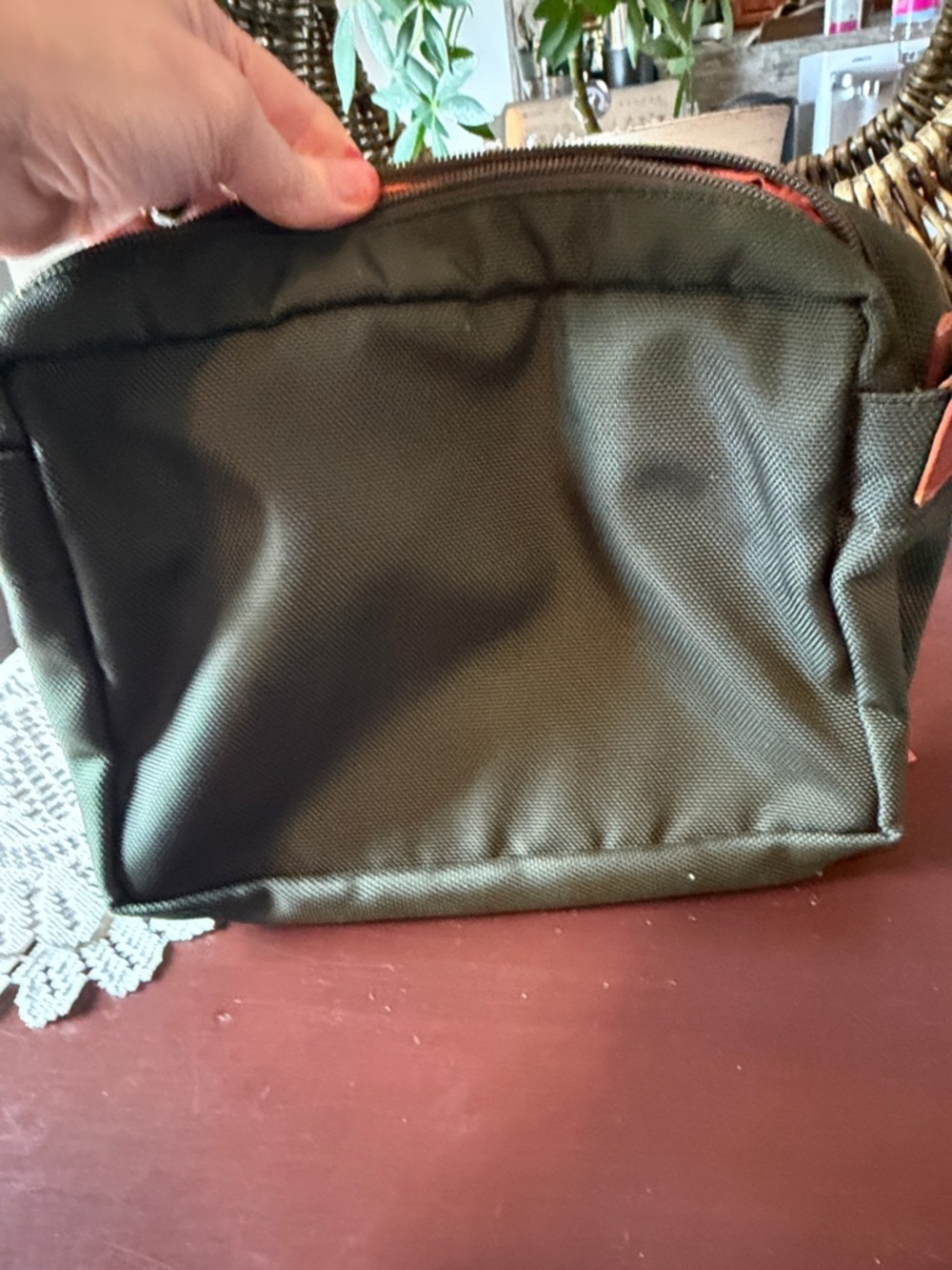 Olive Green Canvas Crossbody Bag with Orange Lining - Picture 3 of 9